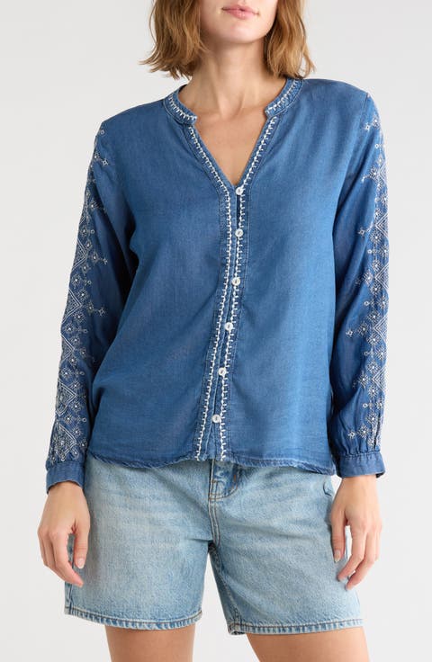 Embroidered Split Neck Tencel Lyocell Top