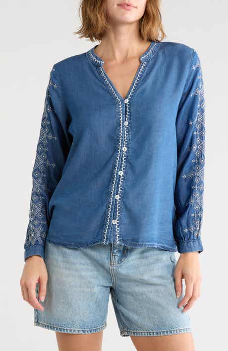 Embroidered Split Neck Tencel Lyocell Top