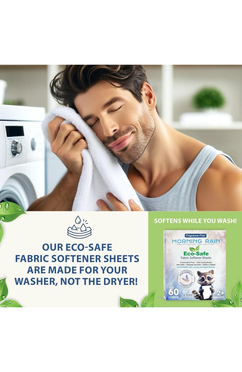 MorningRain Eco Fabric Softener Sheets, Fragrance Free, 30 Sheets, 60 Loads, Alternate, color, Multicolored