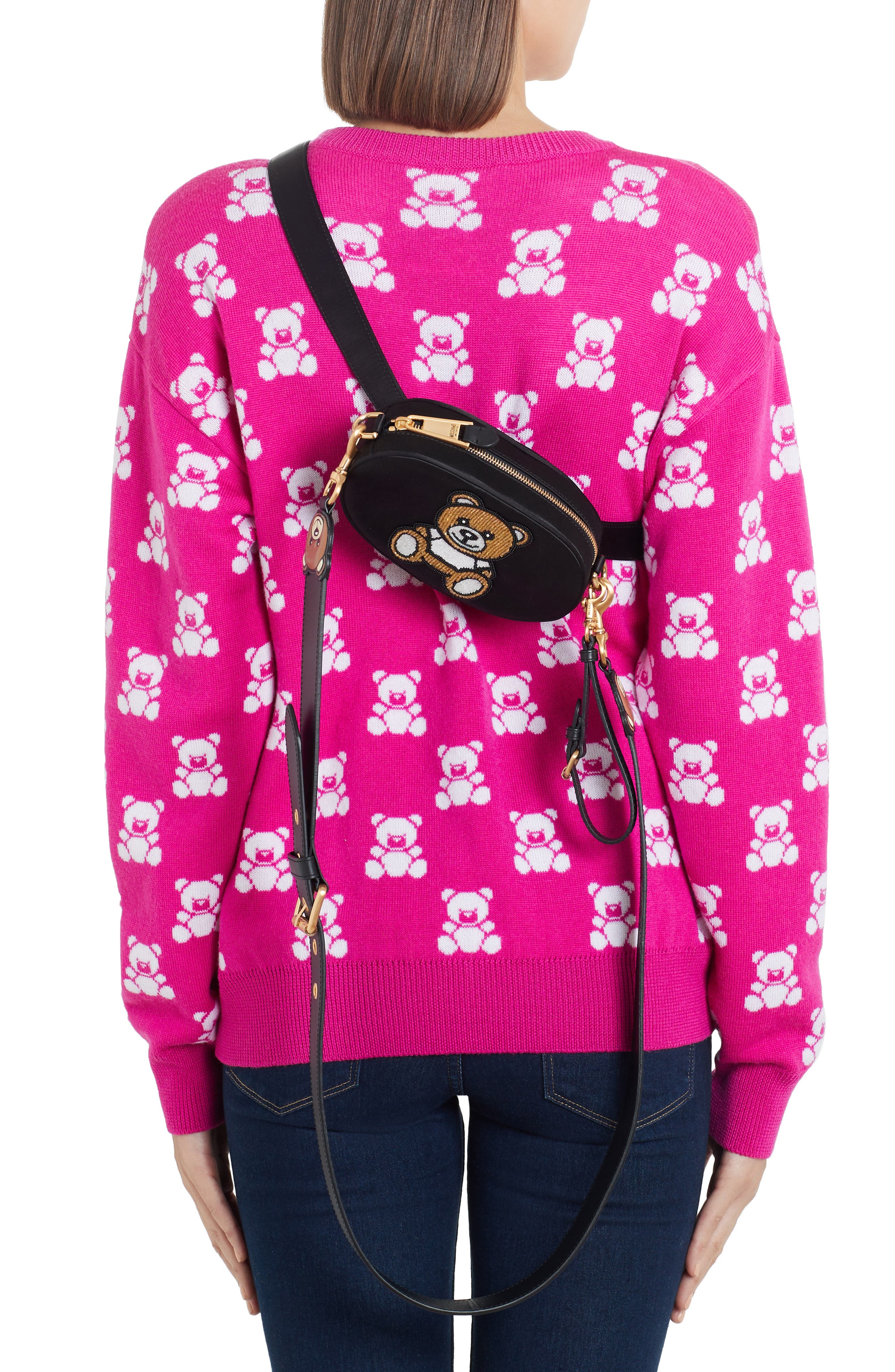 Moschino Beaded Teddy Satin Pouch, Alternate, color, 