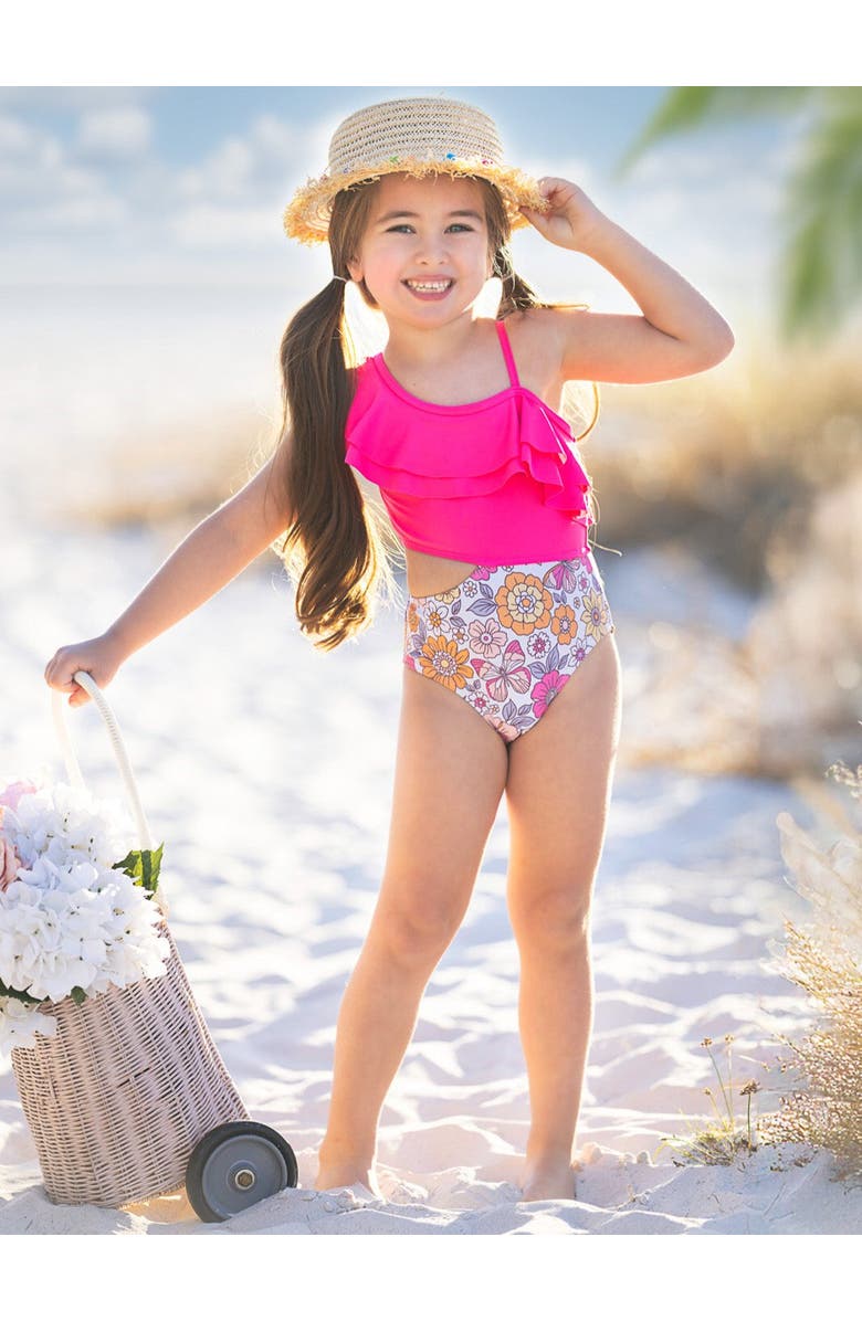 Mia Belle Girls Girls Tropical Bloom One-Shoulder One-Piece Swimsuit, Alternate, color, Pink