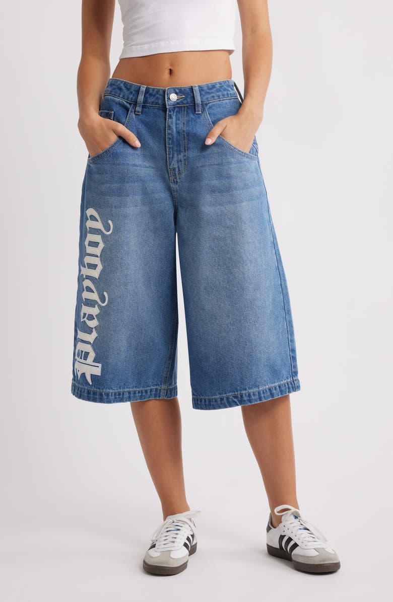 PTCL x Playboy Gothic Logo Denim Shorts, Main, color, 