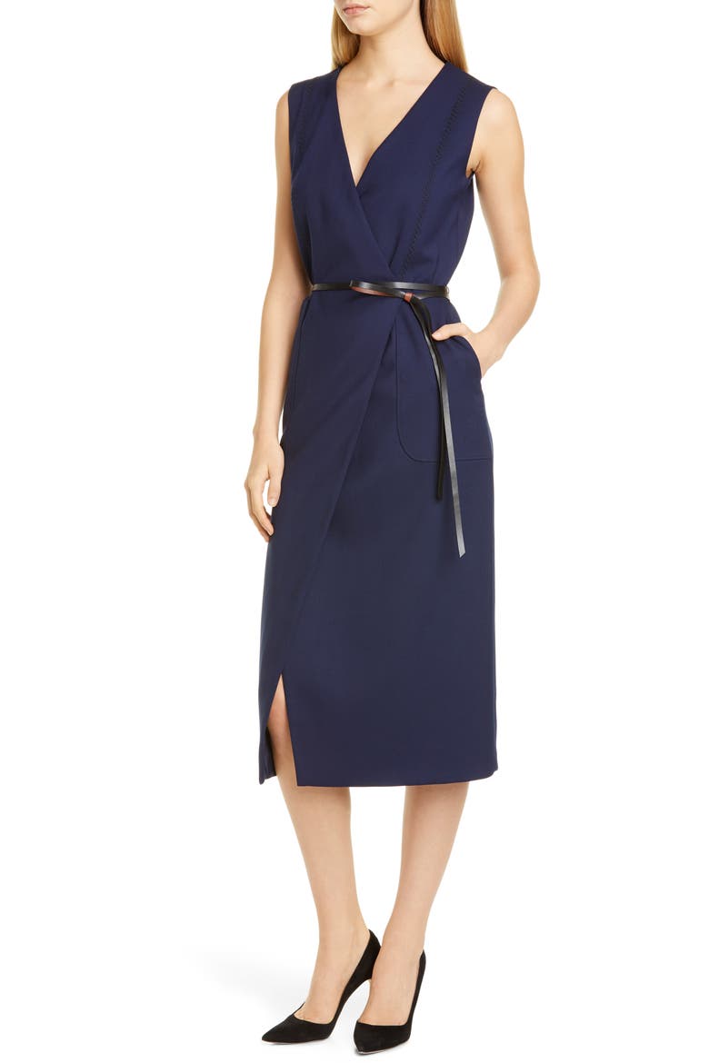 Belted Wool Pencil Dress, Alternate, color, 000406 BERRY BLUE