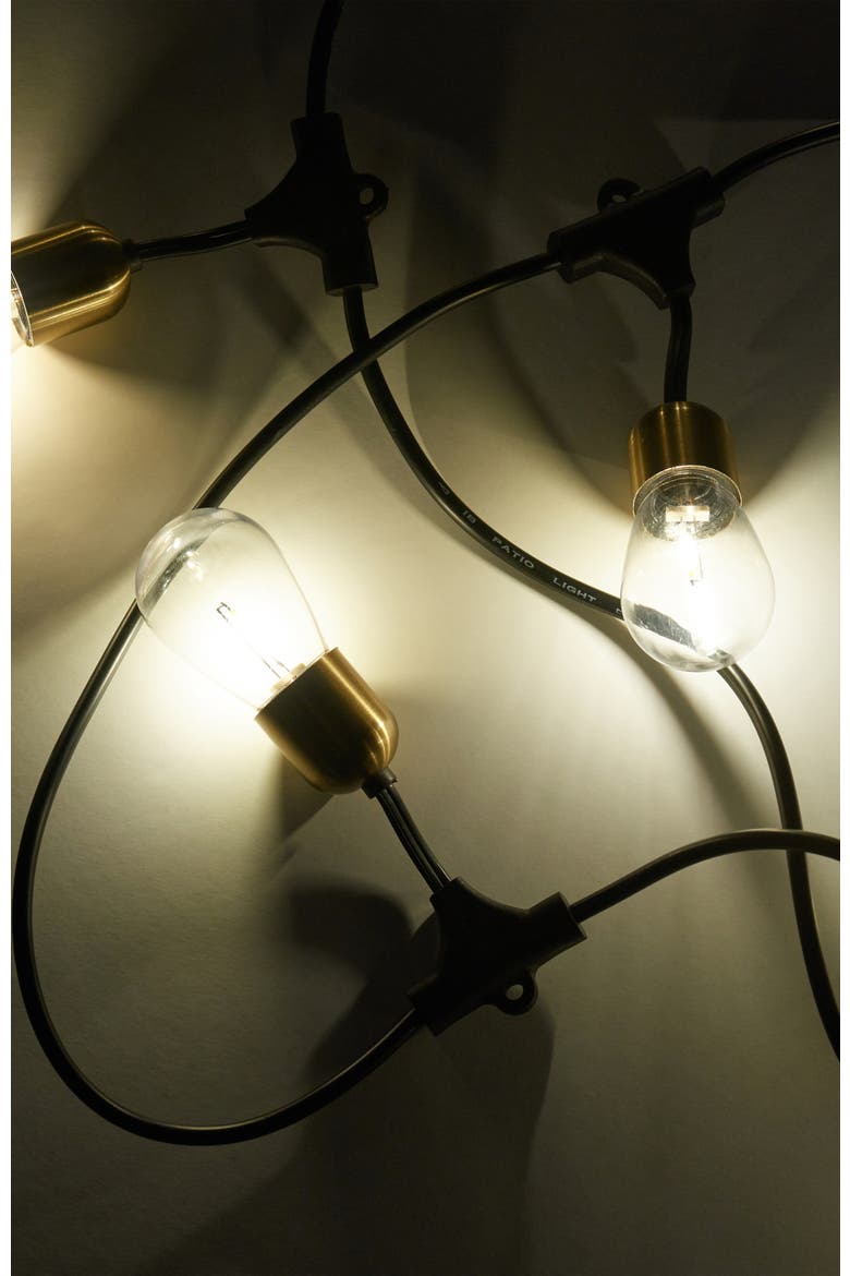 48 ft, 15 light Solar Powered Heavy Duty LED Outdoor String Lights, Gold Accent Brass Socket, Weatherproof Bulbs, Alternate, color, 28 ft 12 Bulbs | Warm White