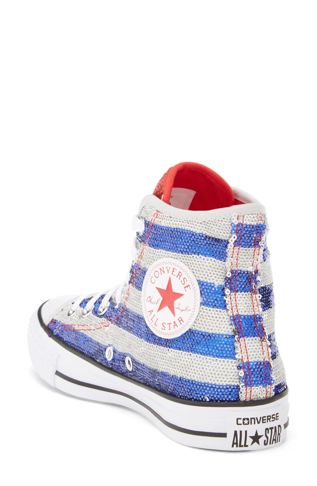 Chuck Taylor® All Star® Sequin Flag High Top Sneaker, Alternate, color, SILVER/ ELECTRIC COBALT/ WHITE