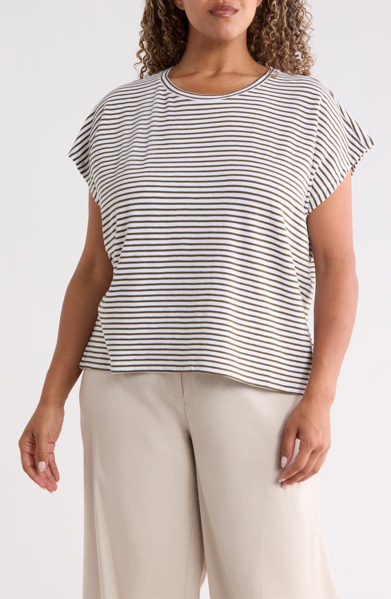 Eileen Fisher Stripe Crewneck Organic Cotton Top, Main, color, Olive