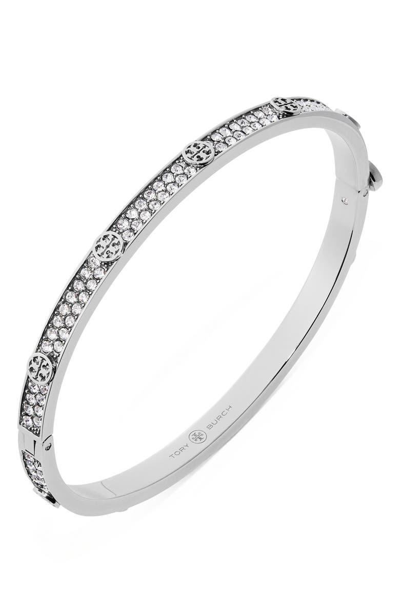 Tory Burch Thin Icon Pave Hinge Bracelet, Alternate, color, Tory Silver / Crystal