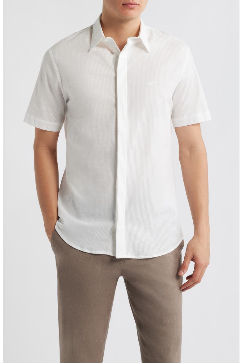Textured Stripe Short Sleeve Knit Cotton Button-Up Shirt, Main, color, SOLID WHITE