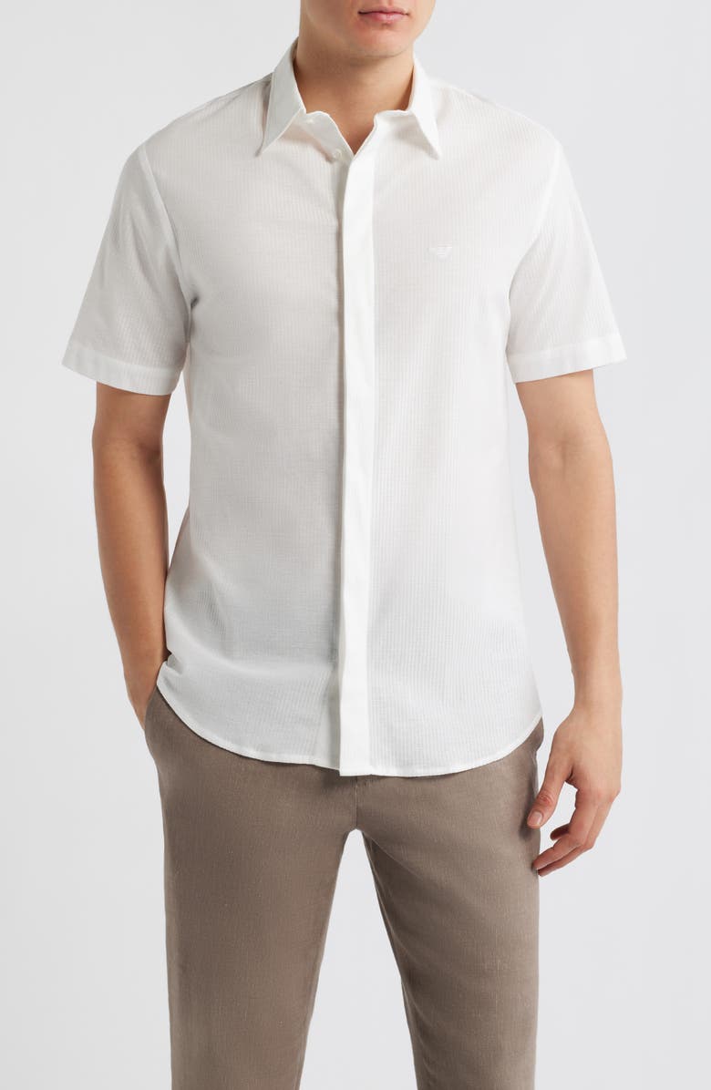 Emporio Armani Textured Stripe Short Sleeve Knit Cotton Button-Up Shirt, Main, color, Solid White
