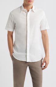 Emporio Armani Textured Stripe Short Sleeve Knit Cotton Button-Up Shirt