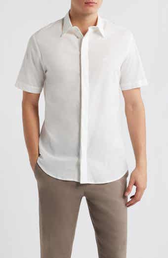 Emporio Armani Textured Stripe Short Sleeve Knit Cotton Button-Up Shirt