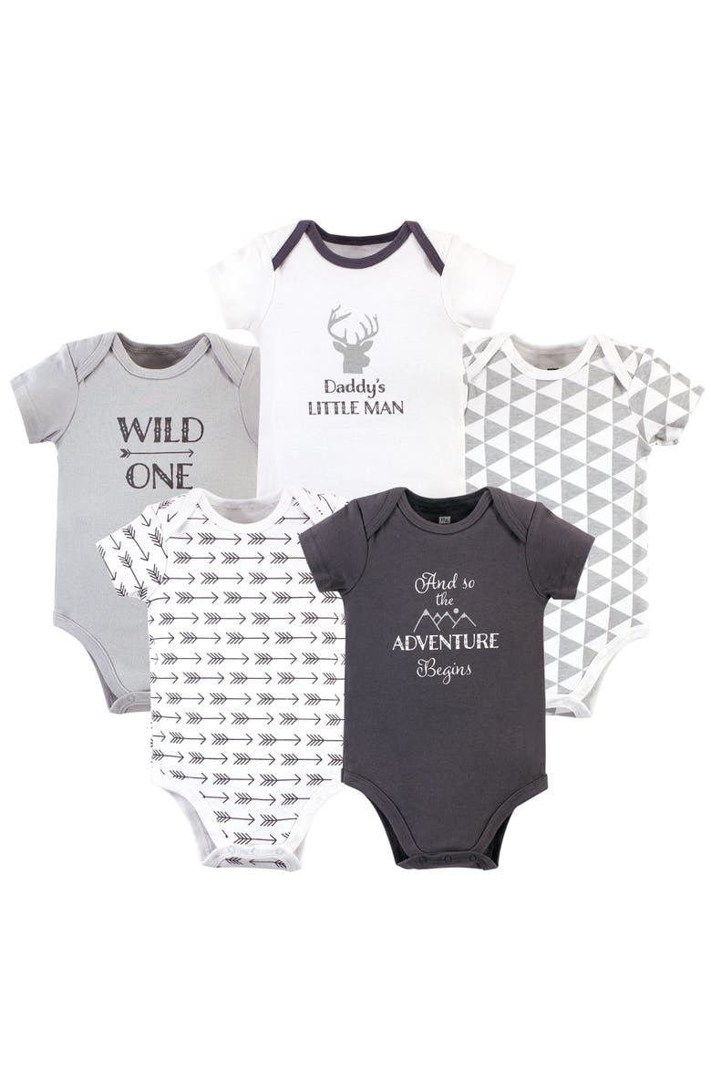 Hudson Baby Five-Piece Set of Cotton Infant All-in-One Bodysuits, Main, color, And So The Adventure Begins