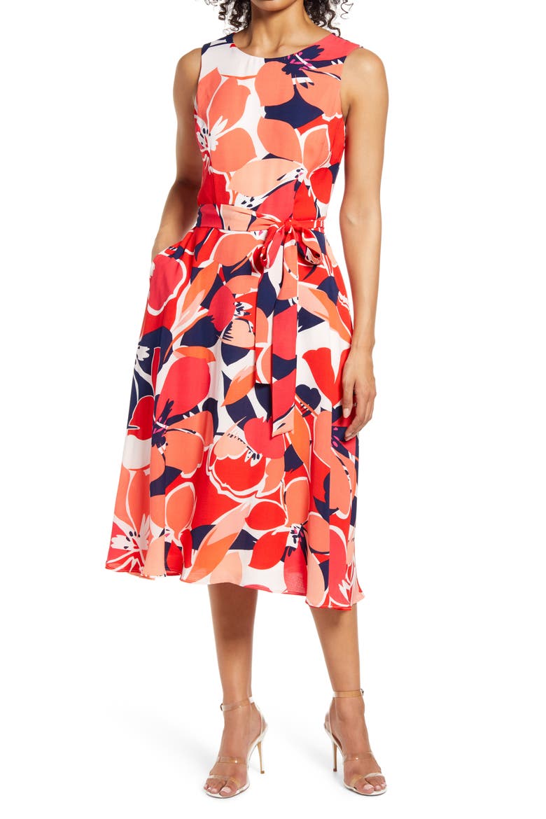 Floral Belted Fit & Flare Midi Dress, Main, color, RED MULTI