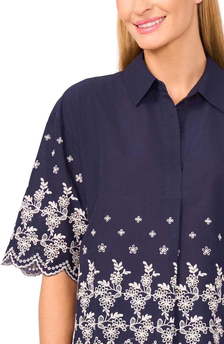 CeCe Floral Embroidery Woven Cotton Shirt, Alternate, color, Night Shade