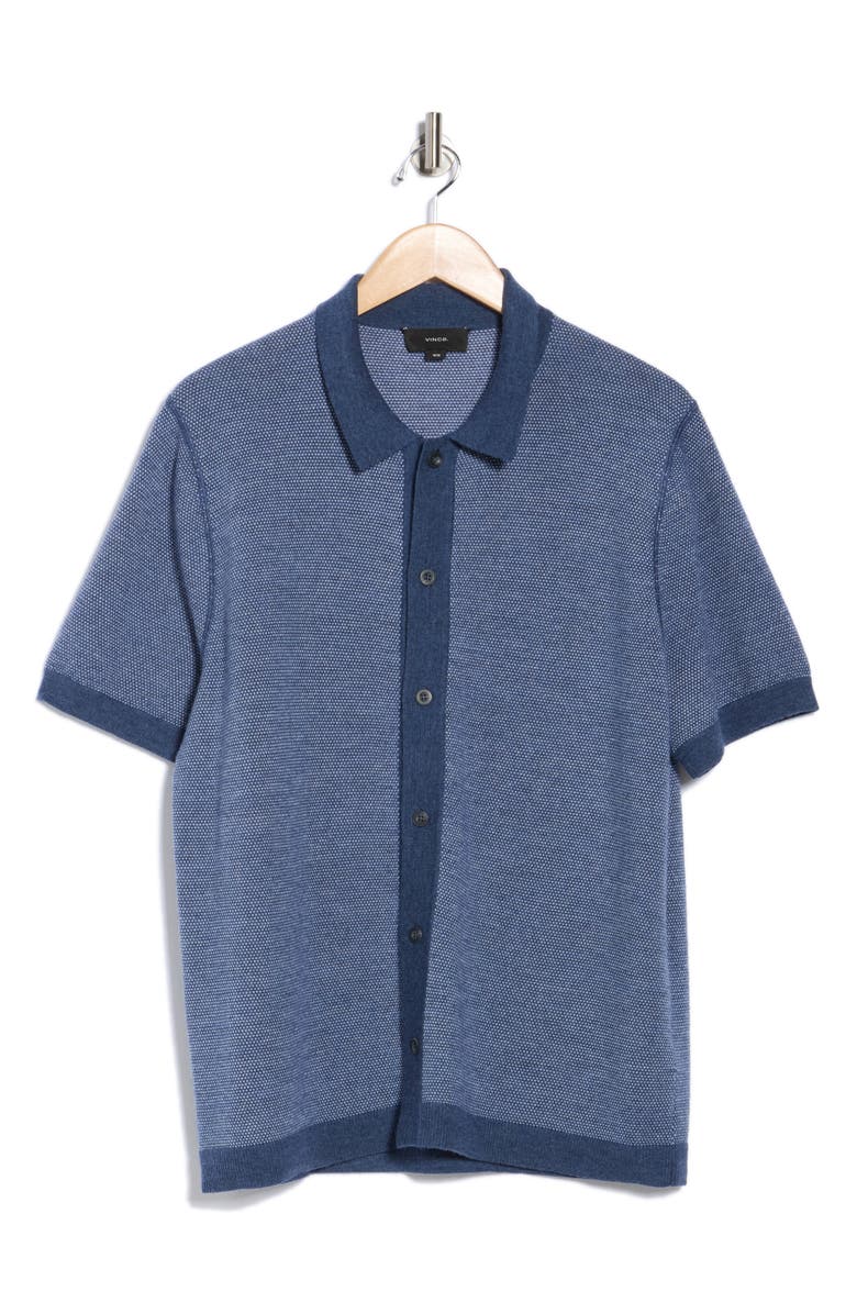 Vince Birdseye Short Sleeve Merino Wool Button-Up Sweater, Alternate, color, Heather Venice Blue / Pearl