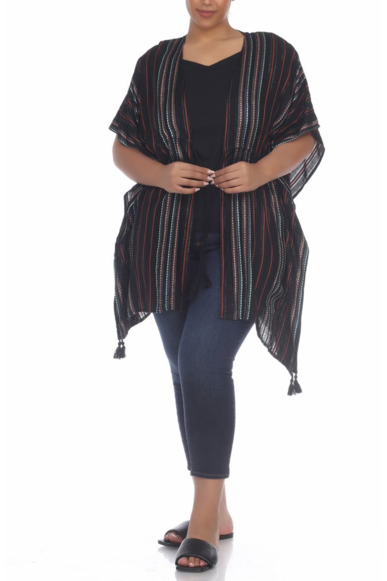 Short Front Tie Front Ruana, Alternate, color, BLACK STRIPE
