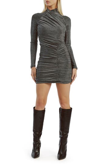 Bardot Evalina Long Sleeve Metallic Minidress In Silver