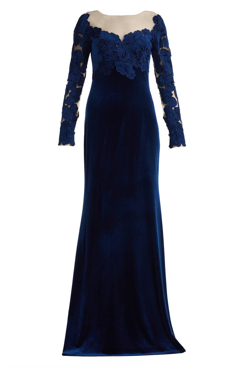 Appliqué Illusion Stretch Velvet Mermaid Gown, Alternate, color, NAVY