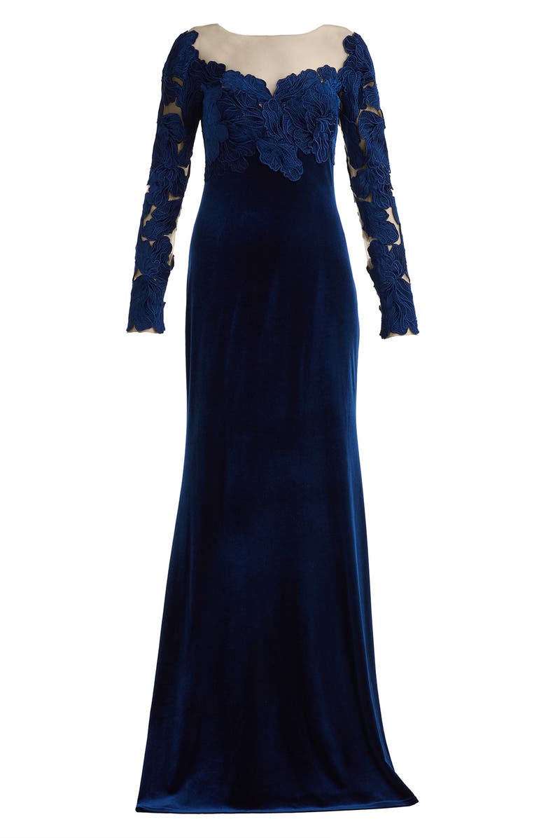 Tadashi Shoji Appliqué Illusion Stretch Velvet Mermaid Gown, Alternate, color, Navy