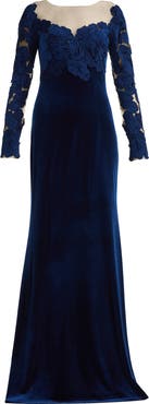 Tadashi Shoji Appliqué Illusion Stretch Velvet Mermaid Gown