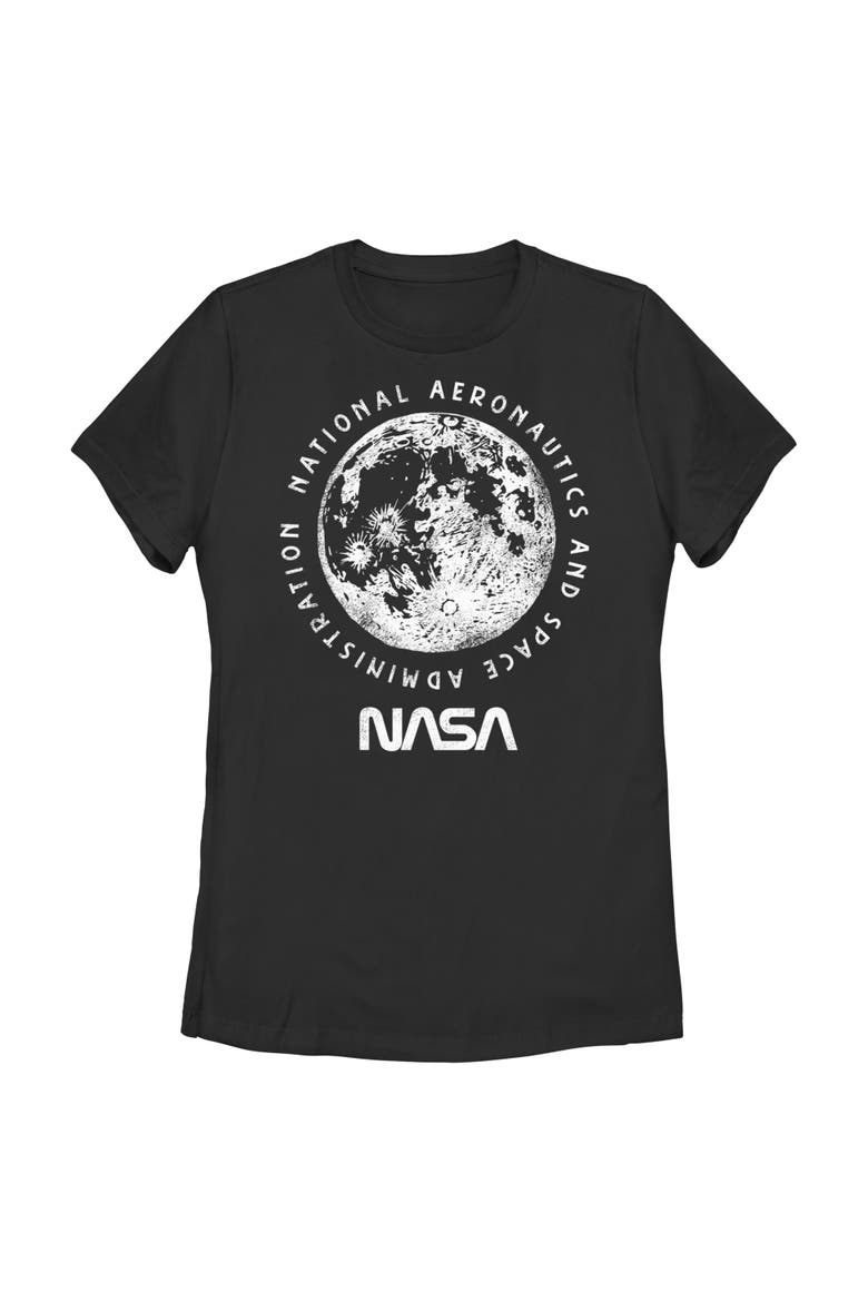 Junior's NASA Big Moon Distressed  Graphic T-Shirt, Main, color, Black