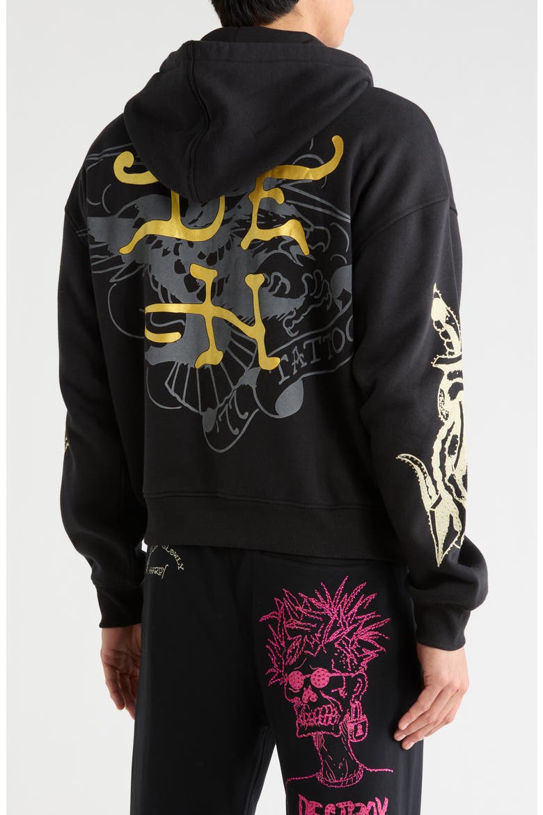 Dragon Skulls Rhinestone Boxy Zip Hoodie, Alternate, color, BLACK