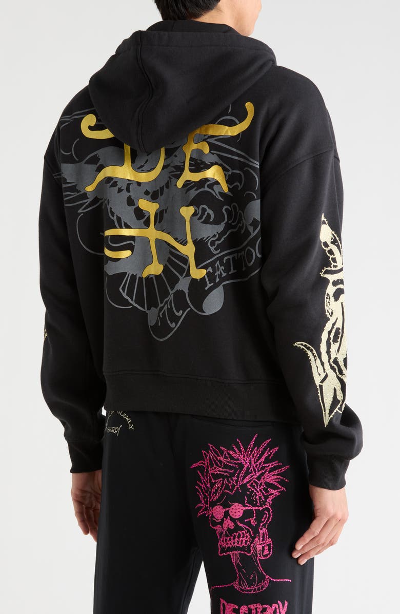 Ed Hardy Dragon Skulls Rhinestone Boxy Zip Hoodie, Alternate, color, Black