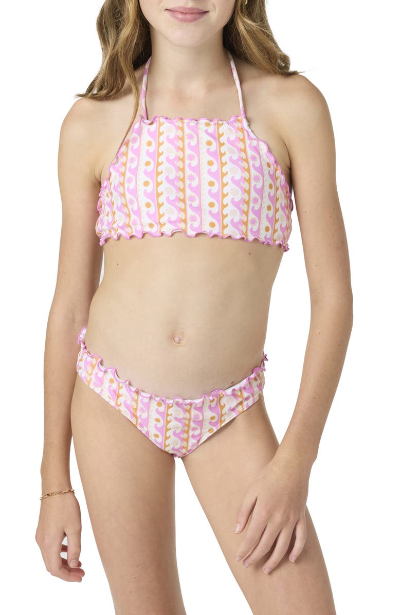 O'Neill Kids' Balearic Waves Ruffle Two-Piece Swimsuit, Main, color, Pink Multi Colored