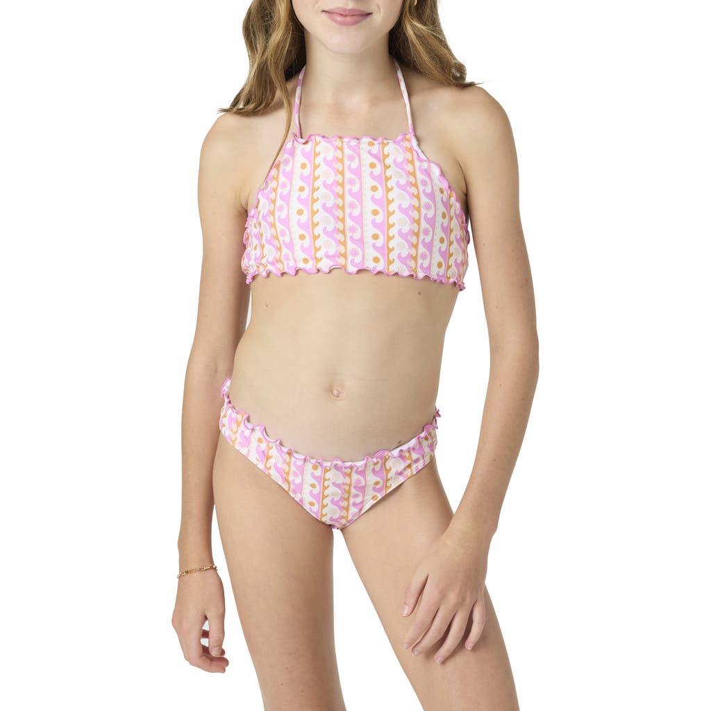 O'neill Kids' Balearic Waves Ruffle Two-piece Swimsuit In Pink
