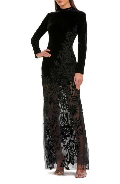 Long Sleeve Sheer Floral Embroidered Velvet Gown
