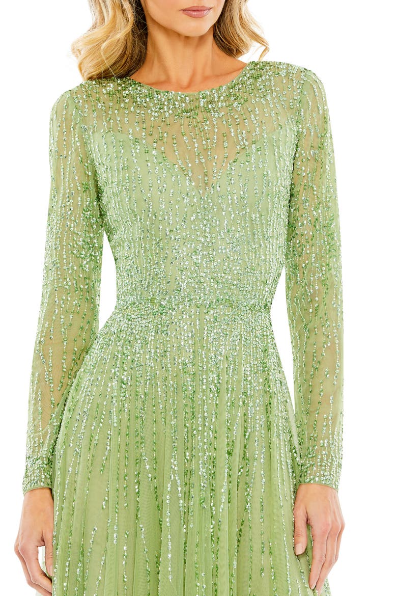 Women's Sequin Illusion High-Neck Long Sleeve A-Line Gown, Alternate, color, SAGE