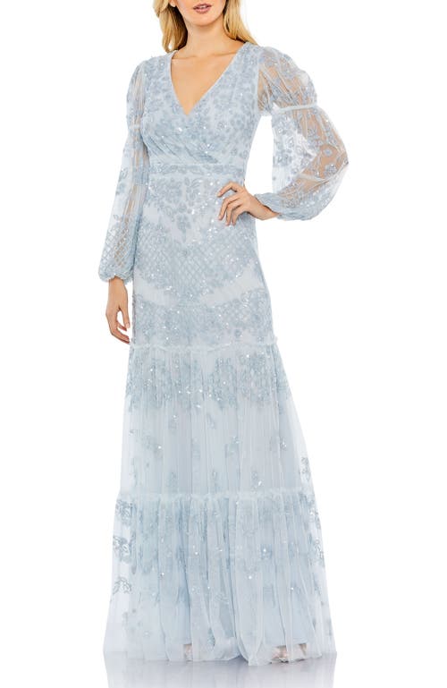 Mac Duggal Sequined Tiered Wrap Over Puff Sleeve Gown In Sky Blue