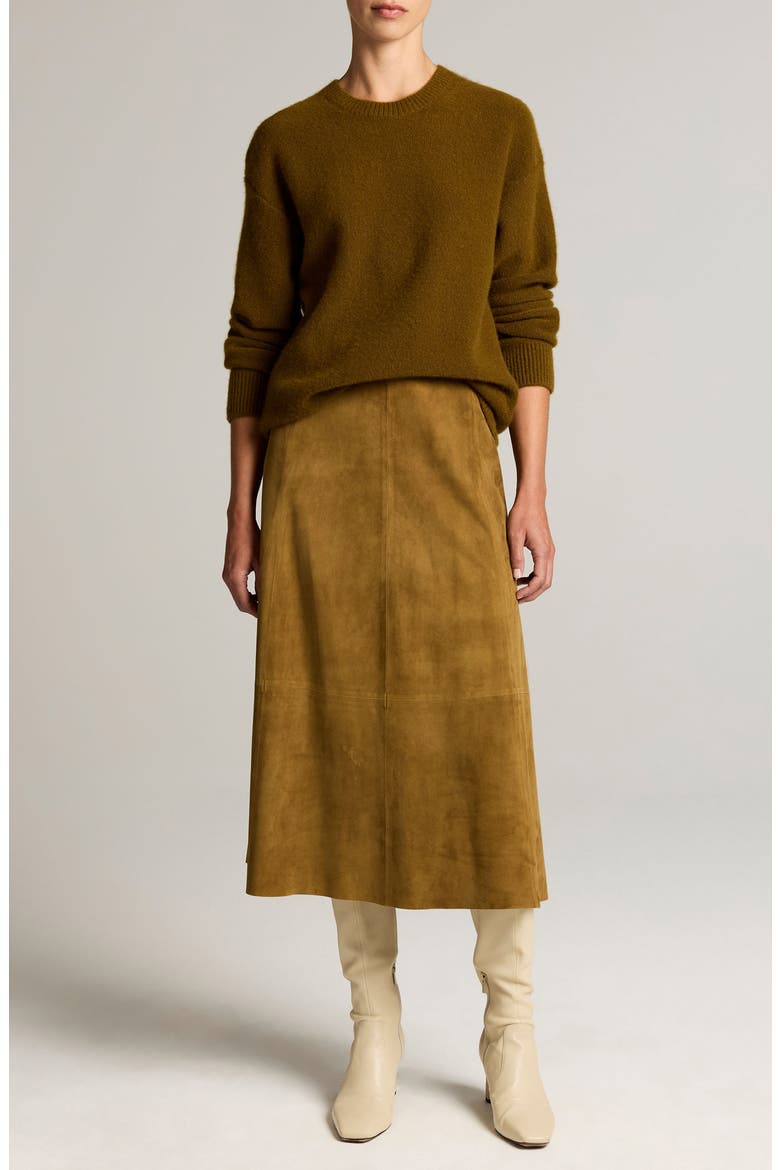 Suede Midi Skirt, Alternate, color, MOSS OCHRE
