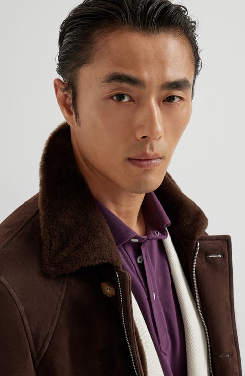 Brunello Cucinelli Men Tone-on-tone Suede Shearling Coat In Brown