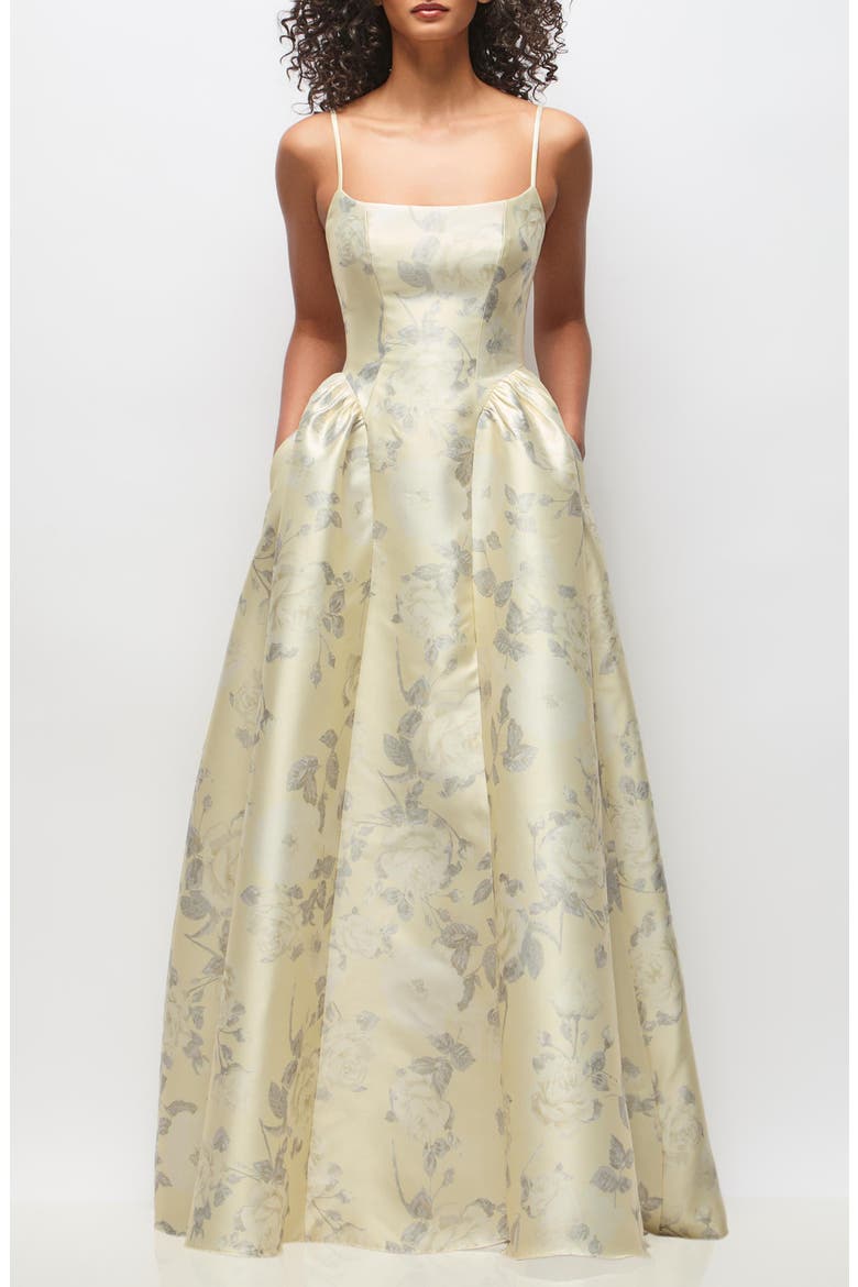 Floral Sleeveless Satin Ballgown, Main, color, BUTTER YELLOW FLORAL