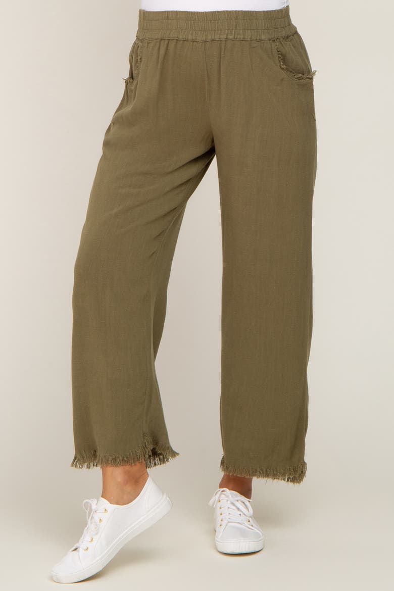Linen Frayed Hem Crop Pants, Alternate, color, Olive Green