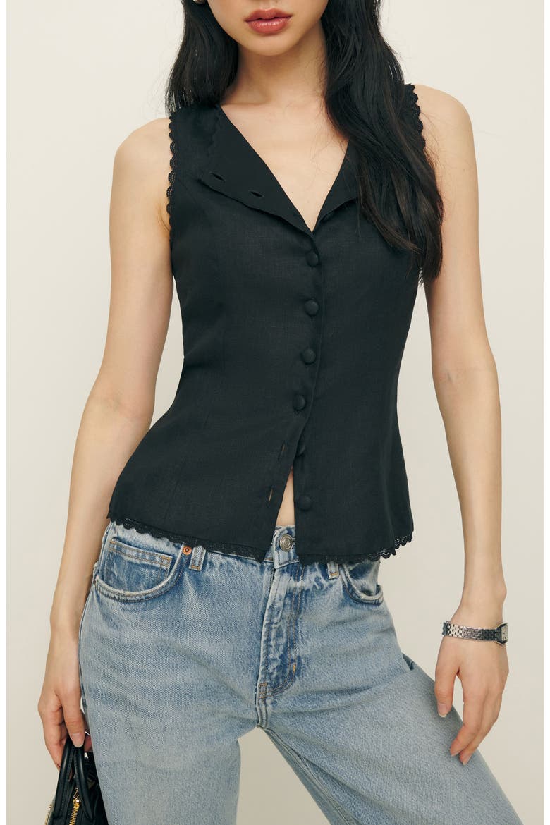 Amela Linen Button-Up Top, Main, color, BLACK