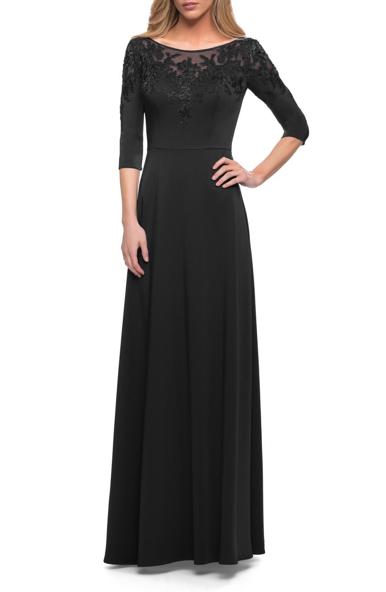 La Femme Embroidered Illusion Neck Gown, Main, color, 