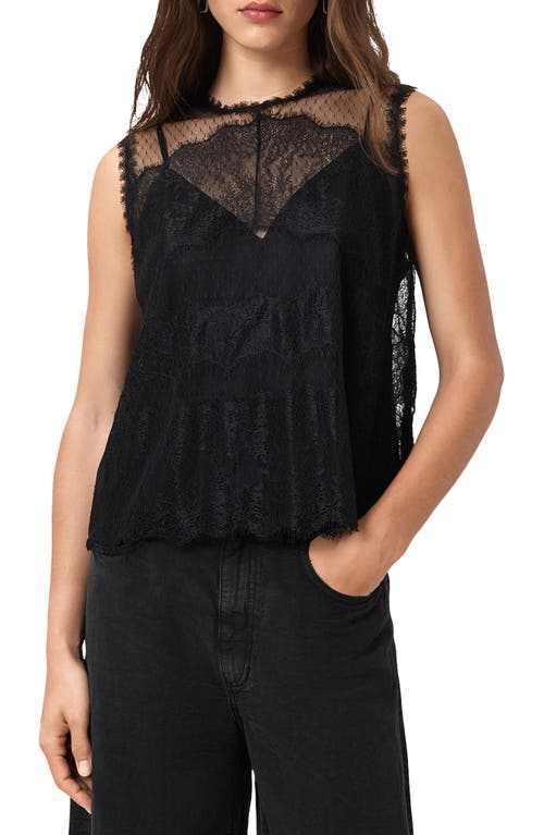 Allsaints Womens Black Clara Lace-embroidered Scalloped-hem Woven Top In Black