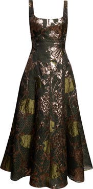 Lela Rose Olivia Floral Metallic Fil Coupé Fit & Flare Dress