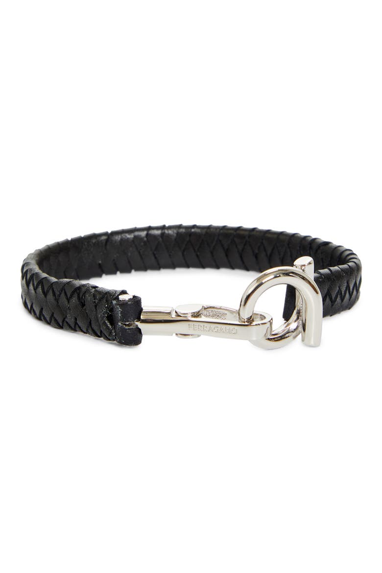 Men's Gancini Hook Braided Leather Bracelet, Main, color, PLD/ BLACK 17