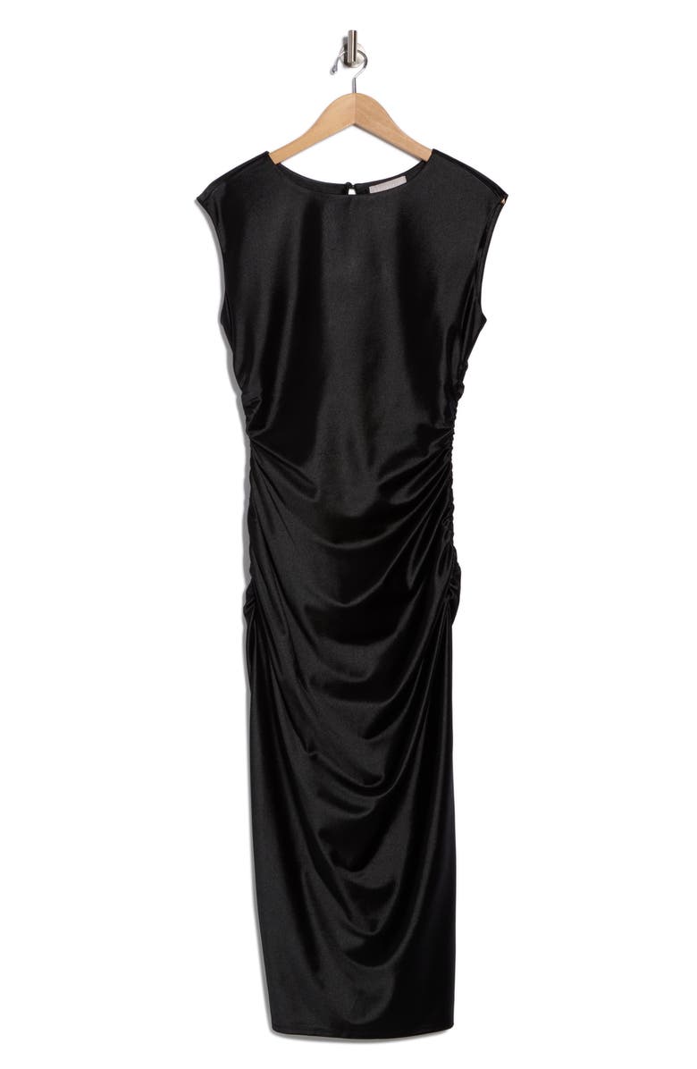 Chelsea28 Ruched Cap Sleeve Satin Midi Dress, Alternate, color, Black
