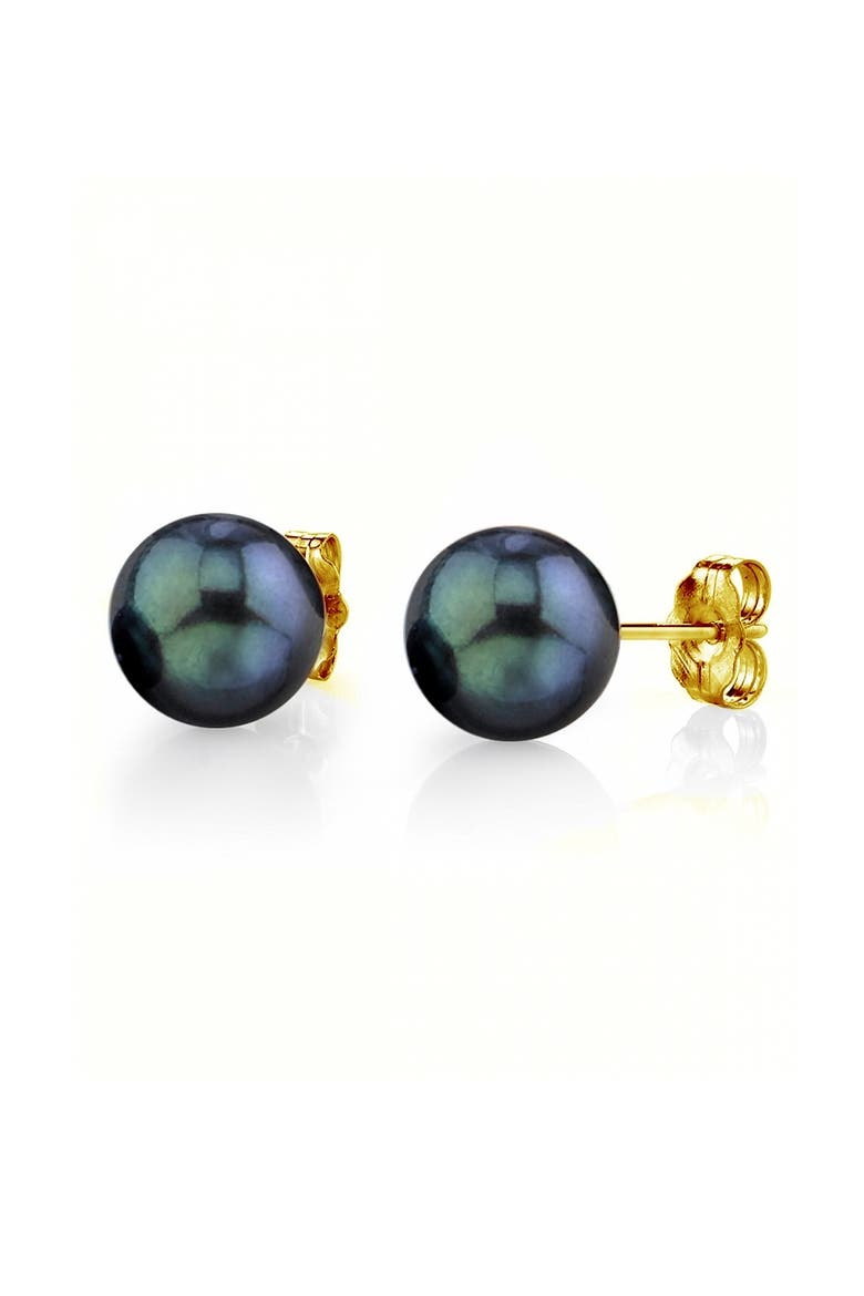 8.0-8.5mm Black Akoya Round Pearl Stud Earrings, Main, color, Yellow Gold