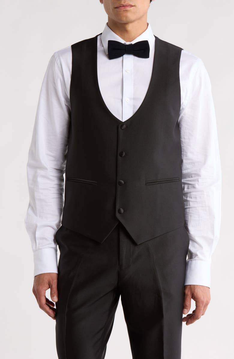 ZEGARIE Stacy Adams Solid Peak Lapel 3-Piece Tuxedo, Alternate, color, Black