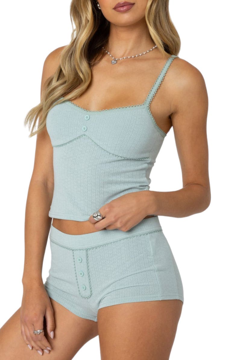 EDIKTED Maelle Pointelle Rib Camisole, Alternate, color, Sage