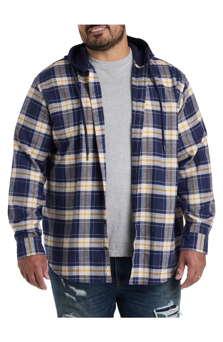 True Nation by DXL Big & Tall Hooded Flannel Shirt Jacket, Alternate, color, Navy-Yellow