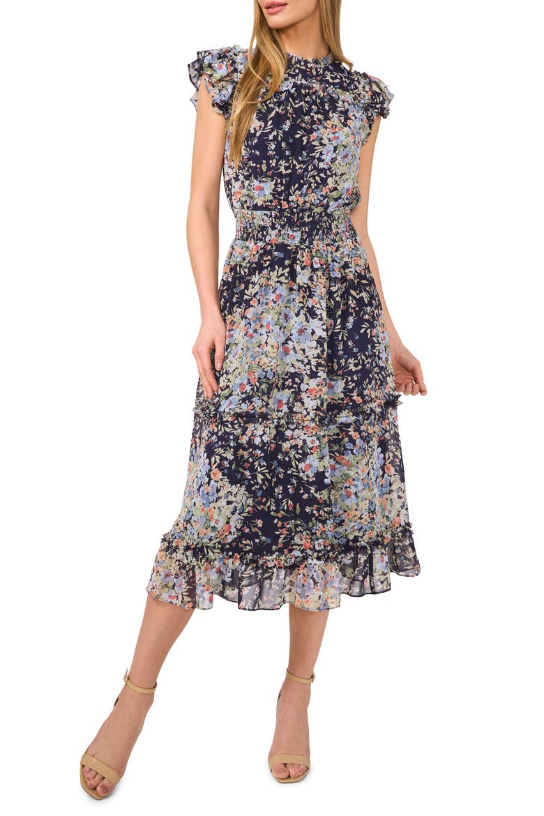 Floral Ruffle Midi Dress, Main, color, CLASSIC NAVY