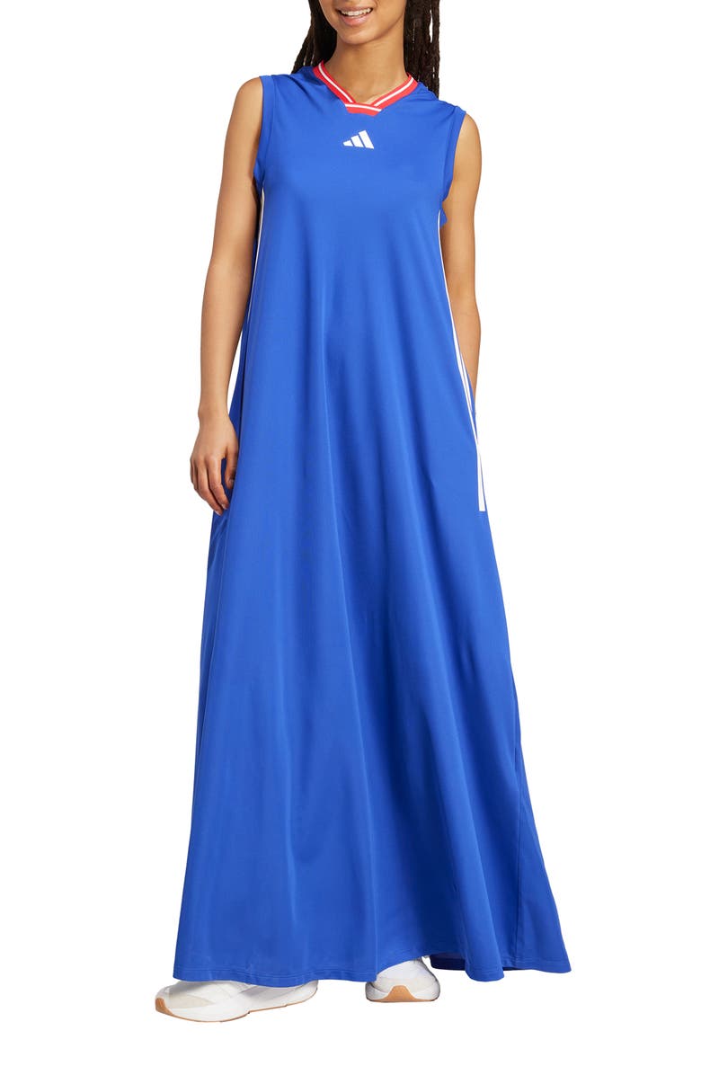 adidas Tiro 3-Stripes Recycled Polyester Mesh Maxi Dress, Main, color, 