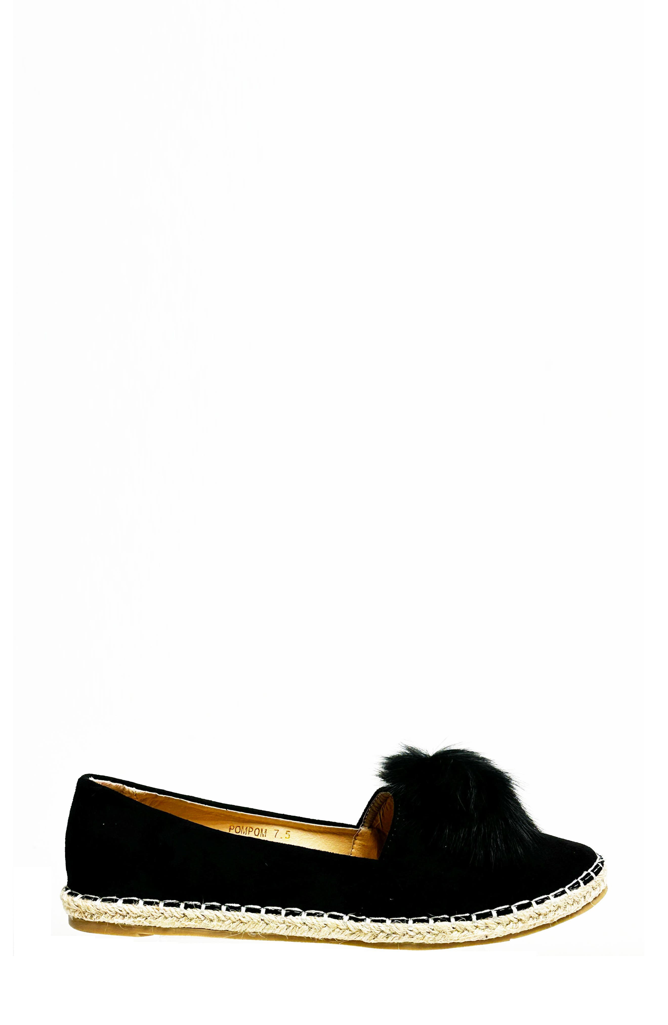 Faux Fur Pompom Espadrille Flat, Alternate, color, BLACK