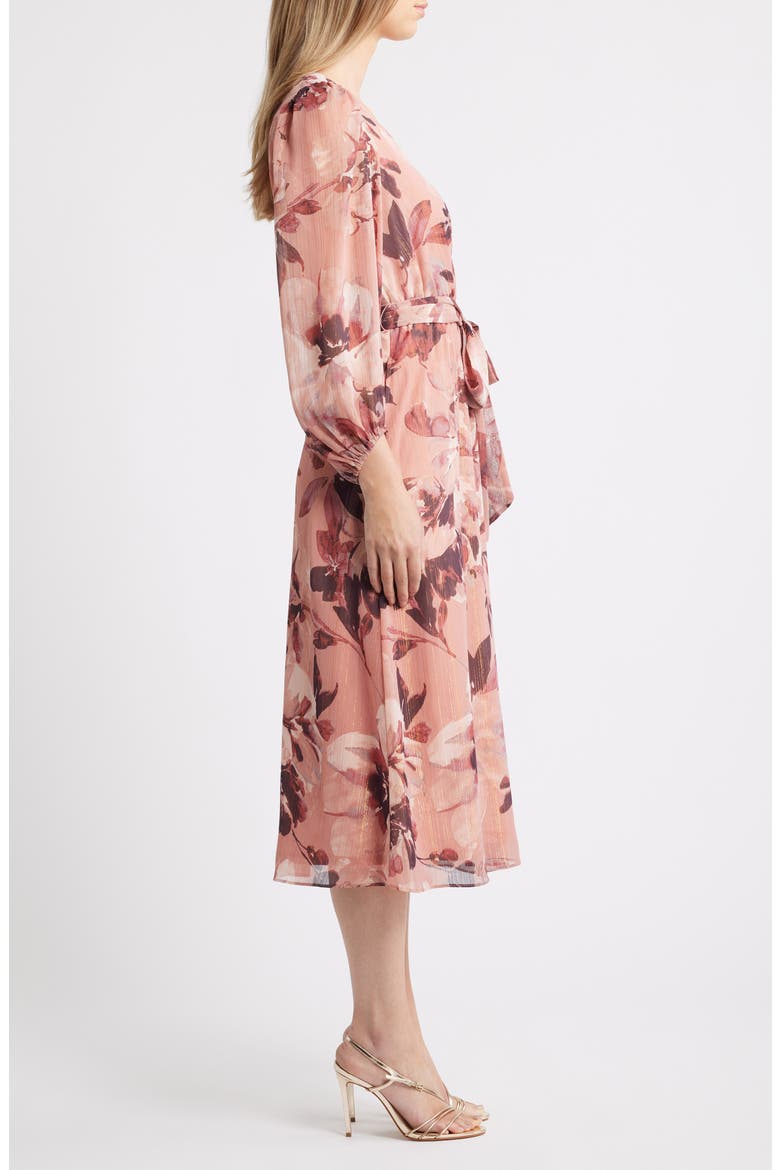 Metallic Stripe Floral Long Sleeve Midi Dress, Alternate, color, ROSE MIST MULTI
